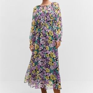 Mango Floral Long Sleeve Dress - Purple, Yellow, Green